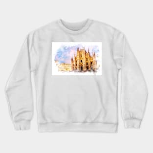 Piazza del Duomo, Milan Italia Watercolor Art City Landscape Crewneck Sweatshirt